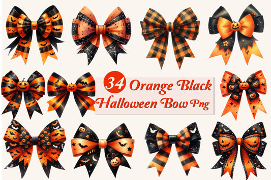 34 Orange Black Halloween Bow PNG Bundle Cute Spooky Ribbon Clipart