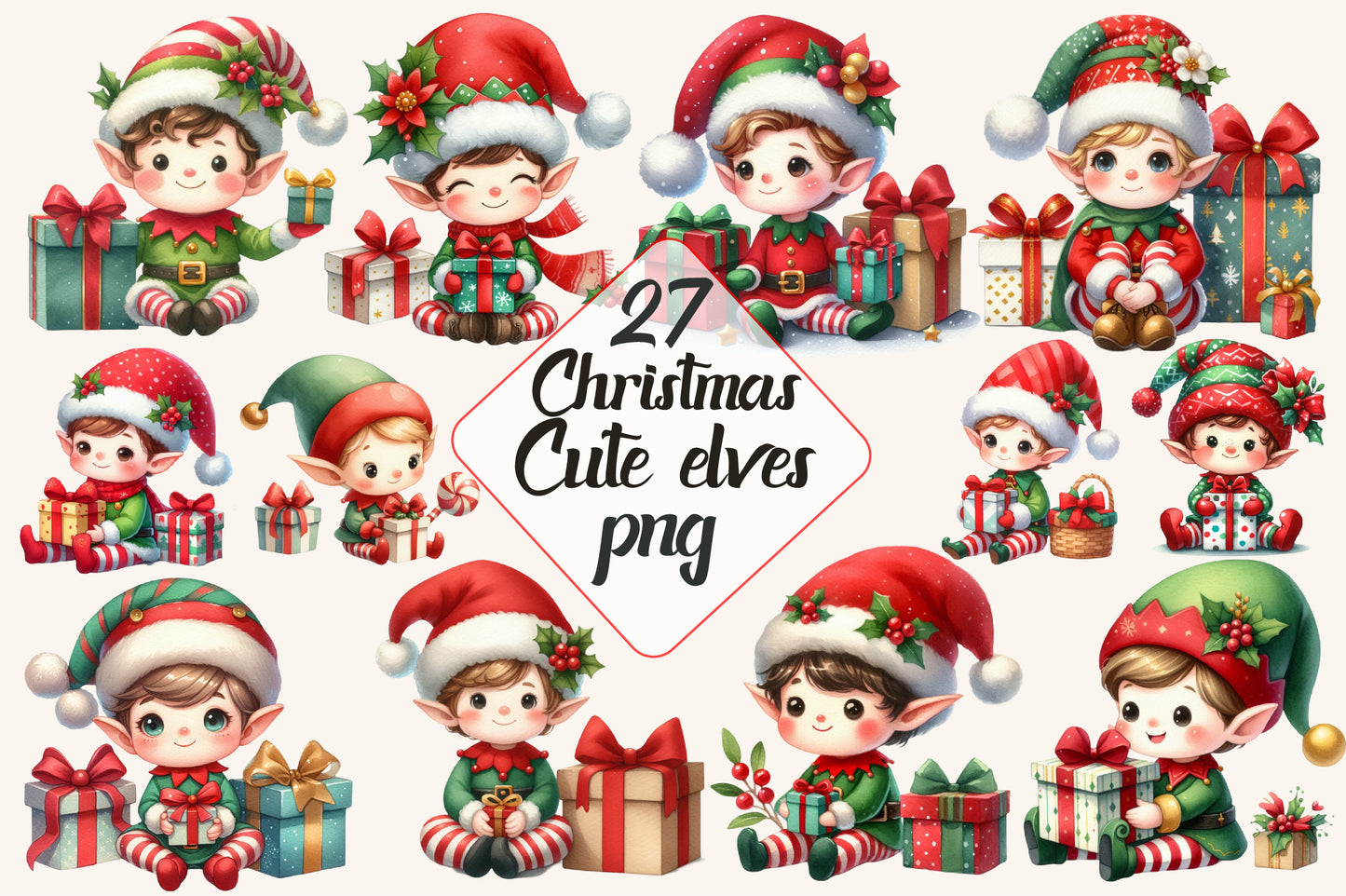 Christmas Cute Elves PNG Bundle | Watercolor Christmas Elf Clipart, Cute Santa Elves & Festive Holiday Sublimation