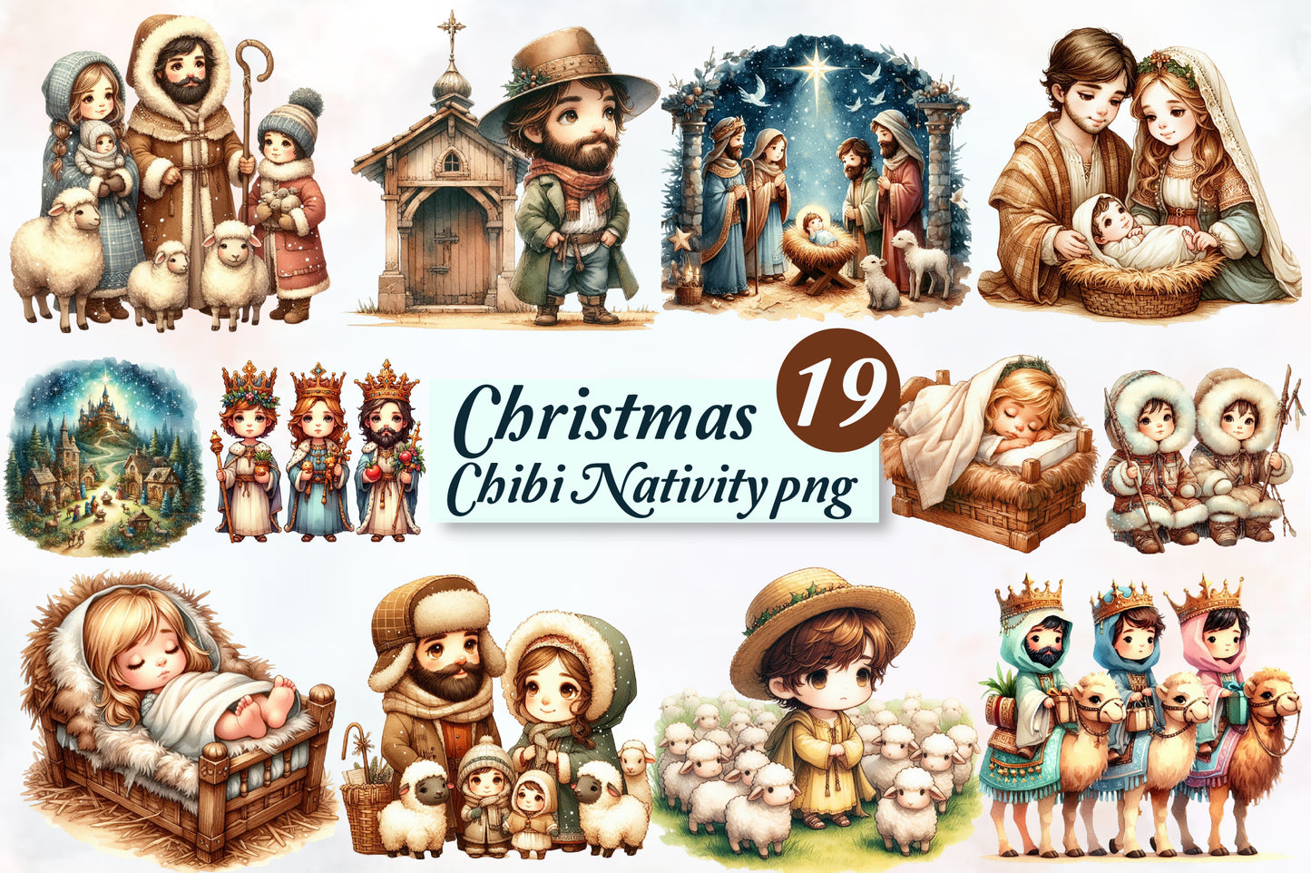 Christmas Chibi Nativity PNG Clipart Bundle | Cute Holy Family, Baby Jesus, Three Kings, Shepherds & Christmas Nativity Designs