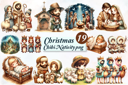 Christmas Chibi Nativity PNG Clipart Bundle | Cute Holy Family, Baby Jesus, Three Kings, Shepherds & Christmas Nativity Designs