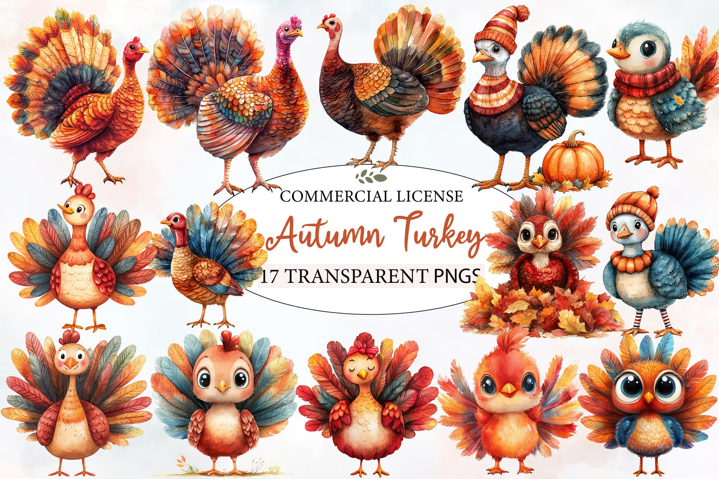 Autumn Turkeys PNG Bundle | Cute Thanksgiving Turkey Clipart | 17 Transparent Fall Turkey Sublimation