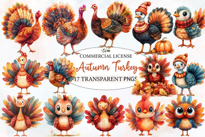 Autumn Turkeys PNG Bundle | Cute Thanksgiving Turkey Clipart | 17 Transparent Fall Turkey Sublimation