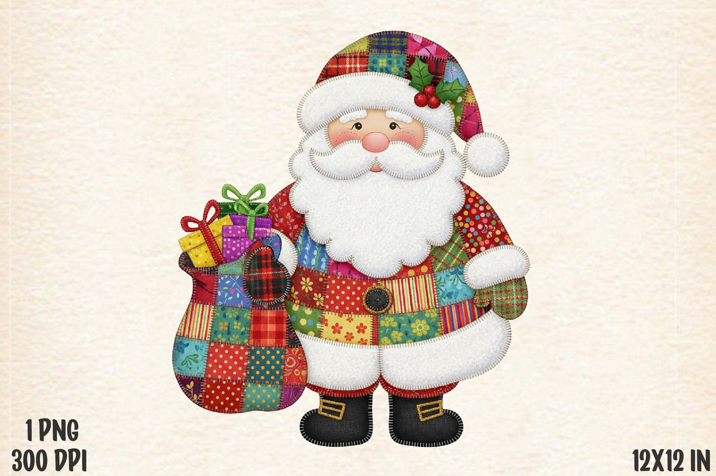 Patchwork Santa Christmas Sublimation PNG