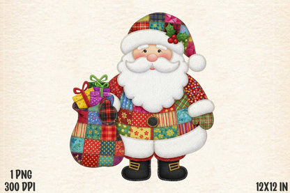 Patchwork Santa Christmas Sublimation PNG