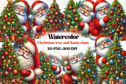 Watercolor Christmas Tree Santa Claus Clipart PNG Bundle | Festive Christmas Tree & Santa Designs
