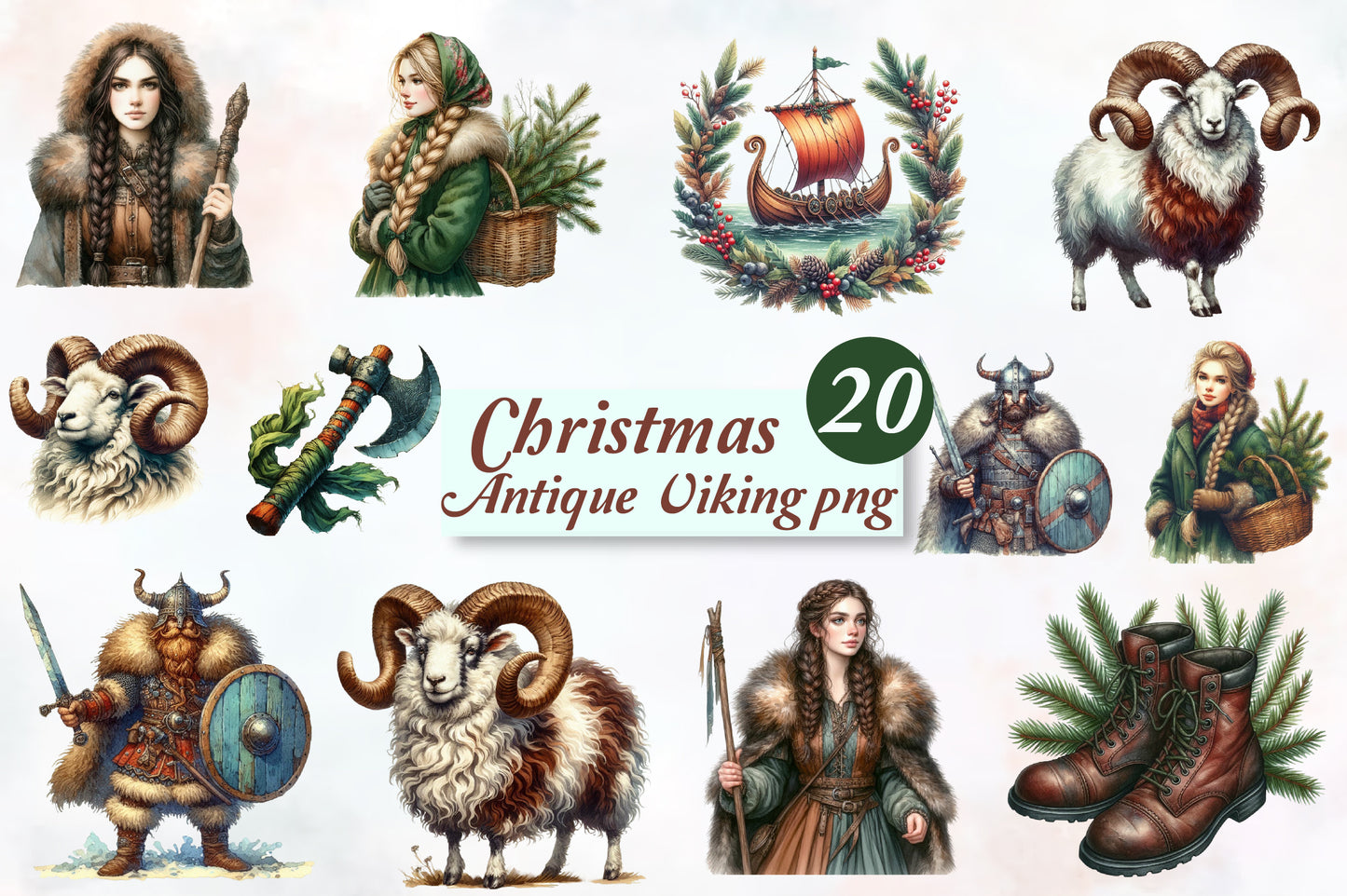Christmas Antique Viking PNG Bundle | Watercolor Viking, Nordic Warrior & Scandinavian Christmas Clipart