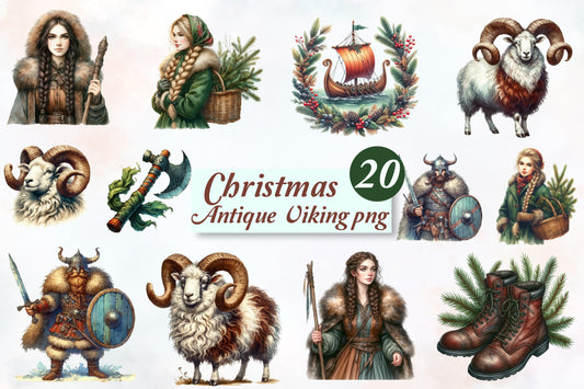 Christmas Antique Viking PNG Bundle | Watercolor Viking, Nordic Warrior & Scandinavian Christmas Clipart