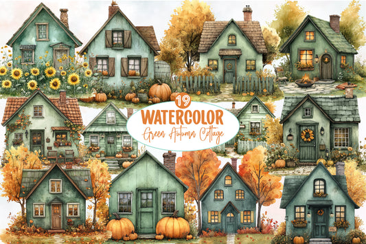 Watercolor Green Autumn Cottage Clipart Bundle 19 PNG
