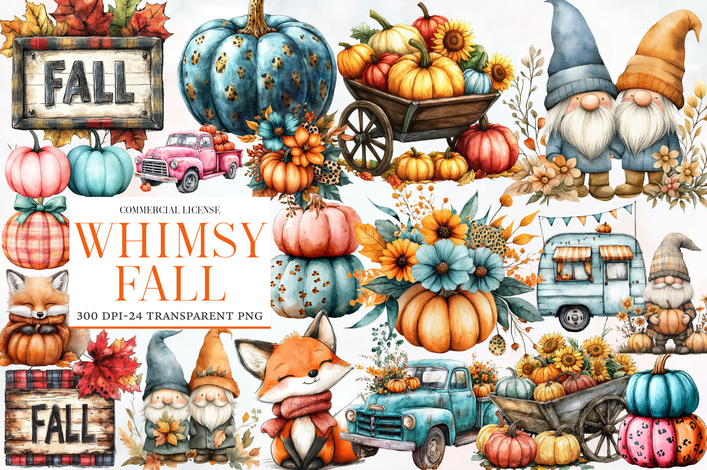 Whimsy Fall Clipart PNG Bundle | Cute Autumn Pumpkin, Fox, Mushroom, Leaves & Cozy Cottage Clipart
