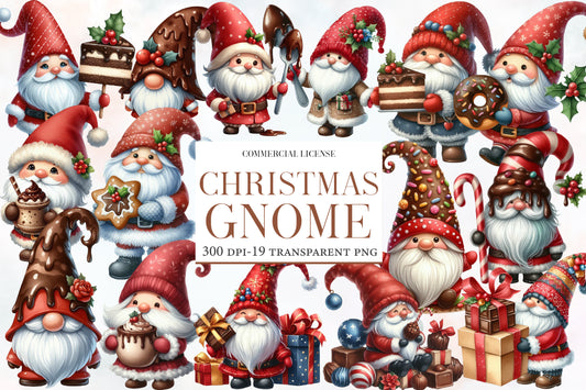 Christmas Gnome Clipart PNG Bundle | Cute Santa Gnomes, Gingerbread, Chocolate, Candy Cane & Christmas Gift Clipart