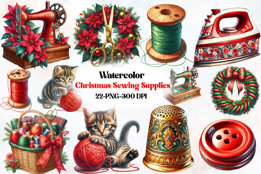 Watercolor Christmas Sewing Supplies Clipart PNG Bundle | Vintage Sewing Machine, Thread & Craft Designs