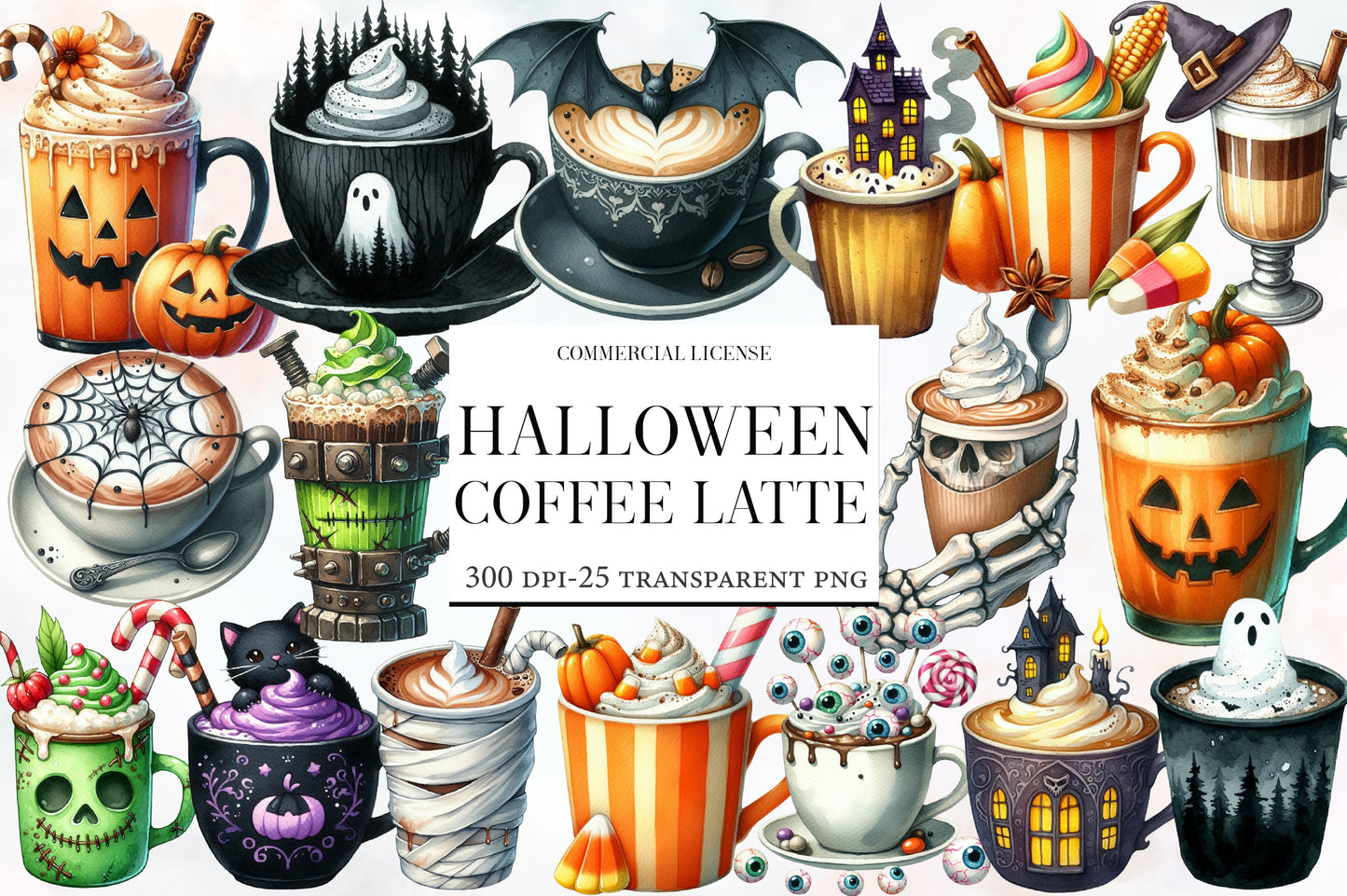 Halloween Coffee Latte Clipart PNG Bundle | Spooky Coffee Cup PNG, Pumpkin Latte Clipart