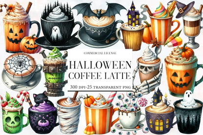 Halloween Coffee Latte Clipart PNG Bundle | Spooky Coffee Cup PNG, Pumpkin Latte Clipart