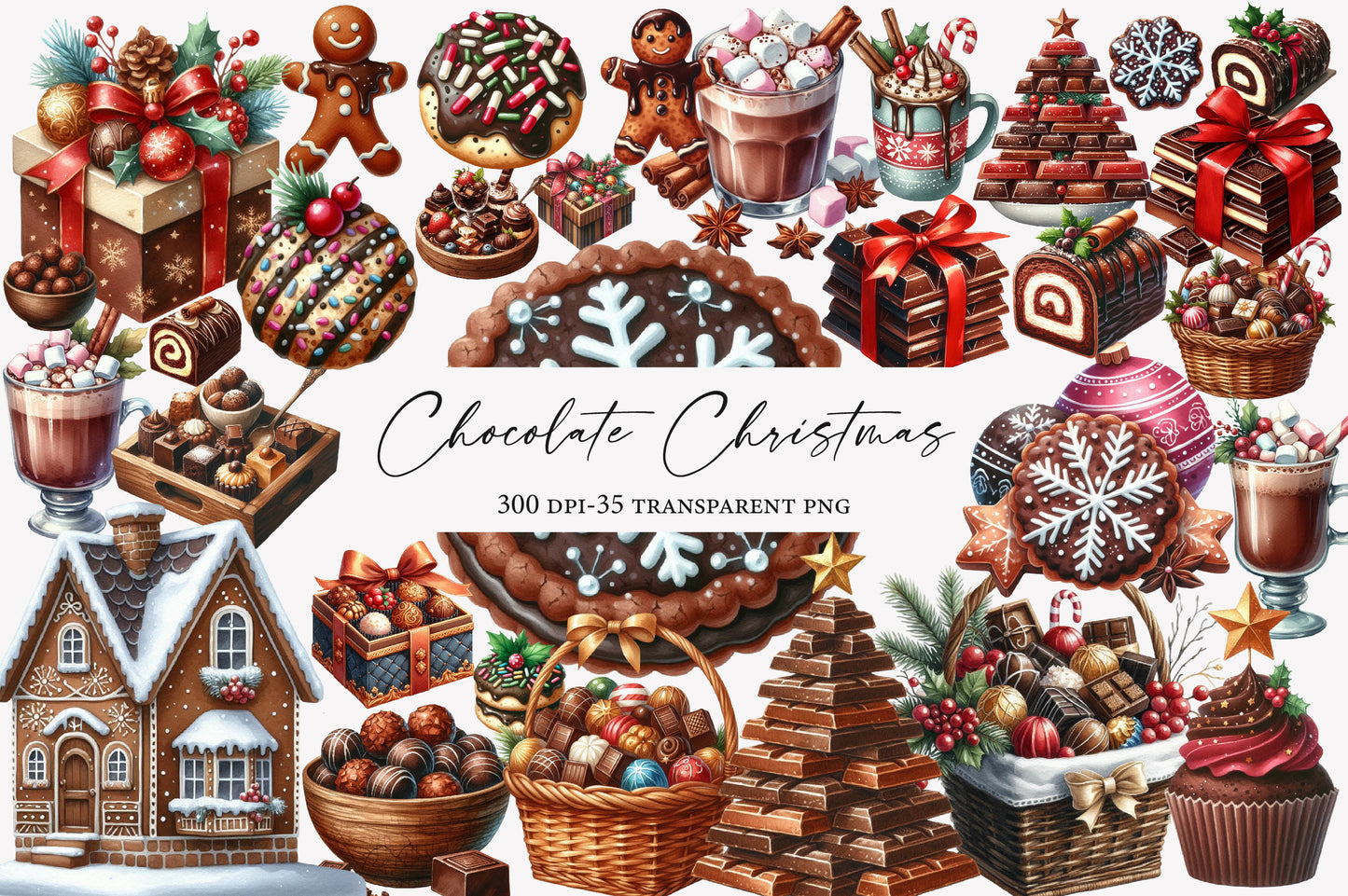 Chocolate Christmas Watercolor Clipart PNG Bundle | Christmas Chocolate Clipart | Holiday Sublimation