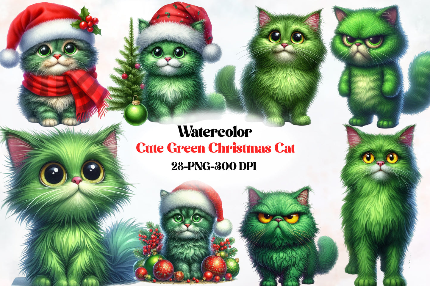 Cute Green Christmas Cat Clipart PNG Bundle | Festive Green Cat, Santa Cat & Holiday Kitty Designs
