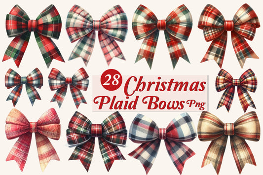 Christmas Plaid Bows PNG Bundle | Watercolor Christmas Bow, Tartan Ribbon Bow & Holiday Bow Clipart