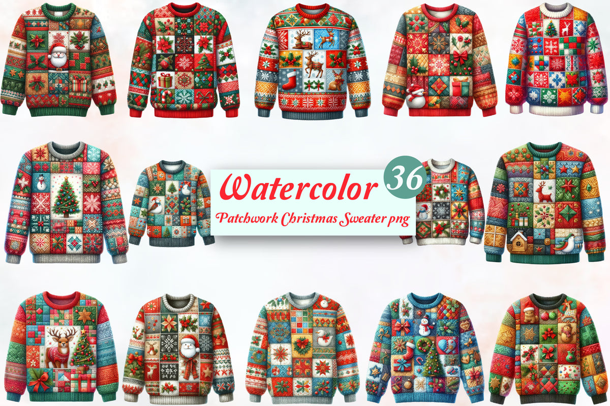 Patchwork Christmas Sweater PNG Bundle Festive Ugly Christmas Sweater Sublimation