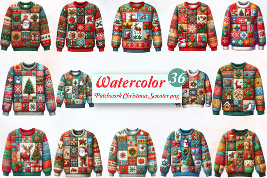 Patchwork Christmas Sweater PNG Bundle Festive Ugly Christmas Sweater Sublimation