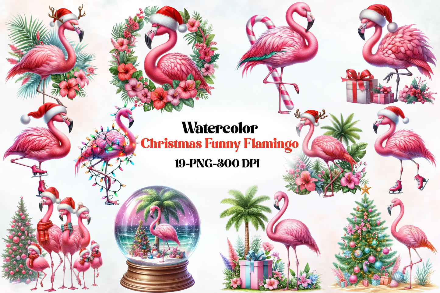 19 Christmas Flamingo PNG Clipart Bundle Watercolor Cute Holiday Flamingo
