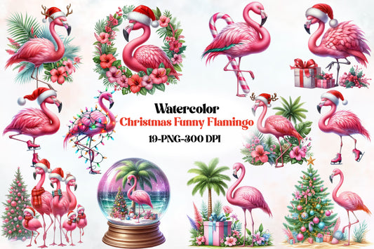 19 Christmas Flamingo PNG Clipart Bundle Watercolor Cute Holiday Flamingo