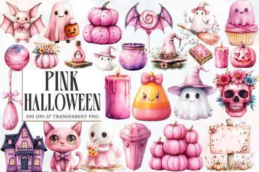 Pink Halloween PNG Bundle | Cute Ghost, Witch, Bat, Pumpkin, Cat & Skull Clipart,