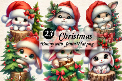 Christmas Bunny with Santa Hat PNG Clipart Bundle | Watercolor Christmas Rabbit, Cute Bunny, Santa Hat, Christmas Tree & Holiday Decor