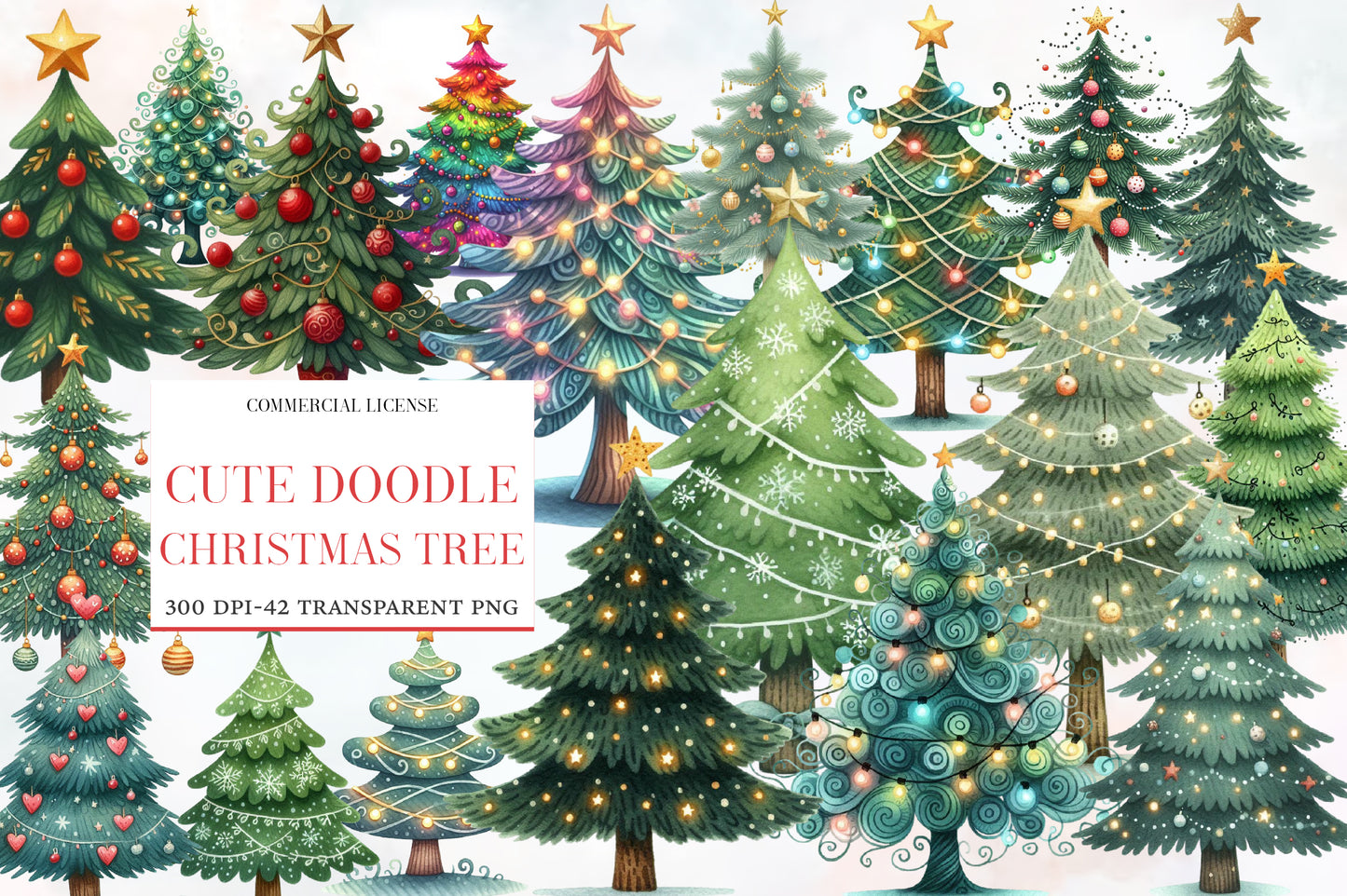 Cute Doodle Christmas Tree Watercolor Clipart PNG Bundle | Christmas Tree Clipart | Festive Holiday Sublimation PNG