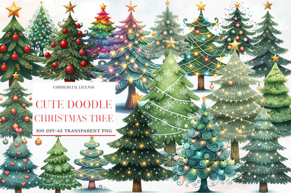 Cute Doodle Christmas Tree Watercolor Clipart PNG Bundle | Christmas Tree Clipart | Festive Holiday Sublimation PNG