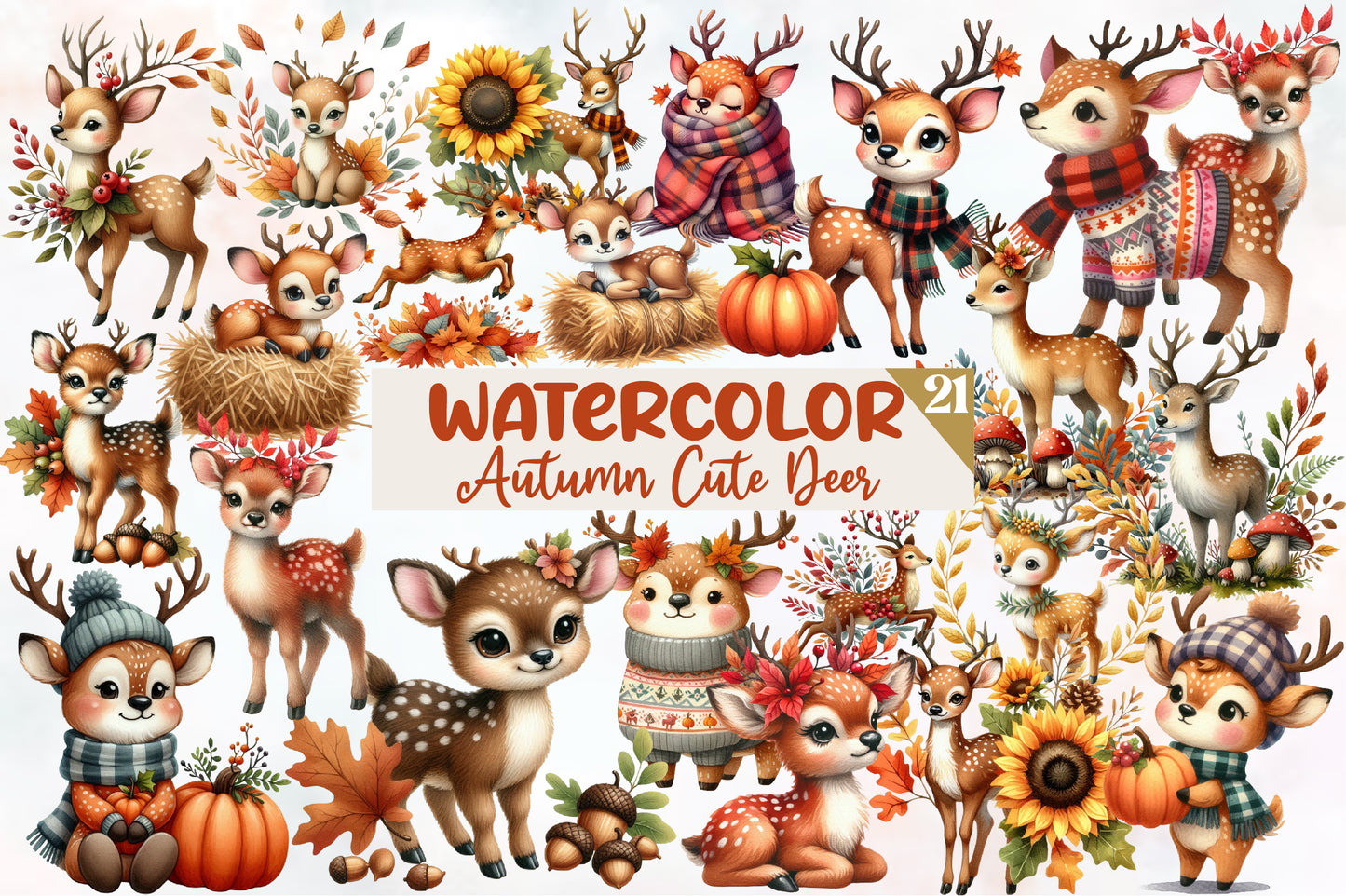 Autumn Cute Deer Clipart PNG Bundle | Watercolor Fall Woodland Deer Clipart | Cozy Harvest Deer PNG