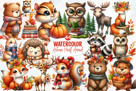 Watercolor Autumn Forest Animals Clipart Bundle Cute Fall Woodland PNG
