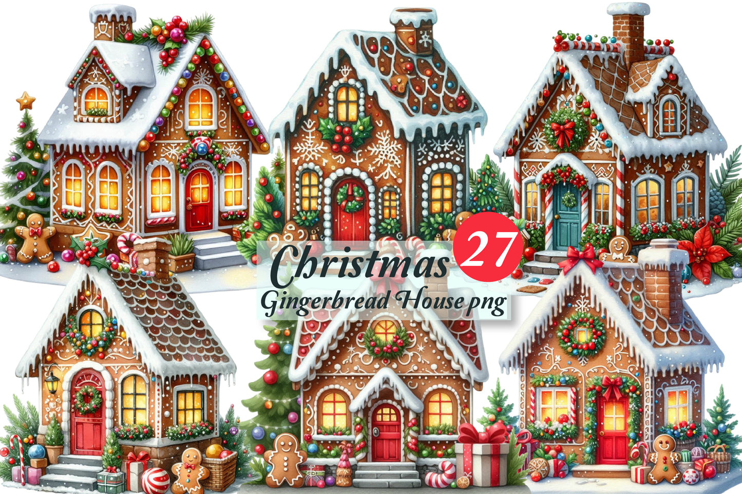 Christmas Gingerbread House PNG Bundle | Watercolor Gingerbread Houses, Holiday Cottage Clipart & Christmas Village