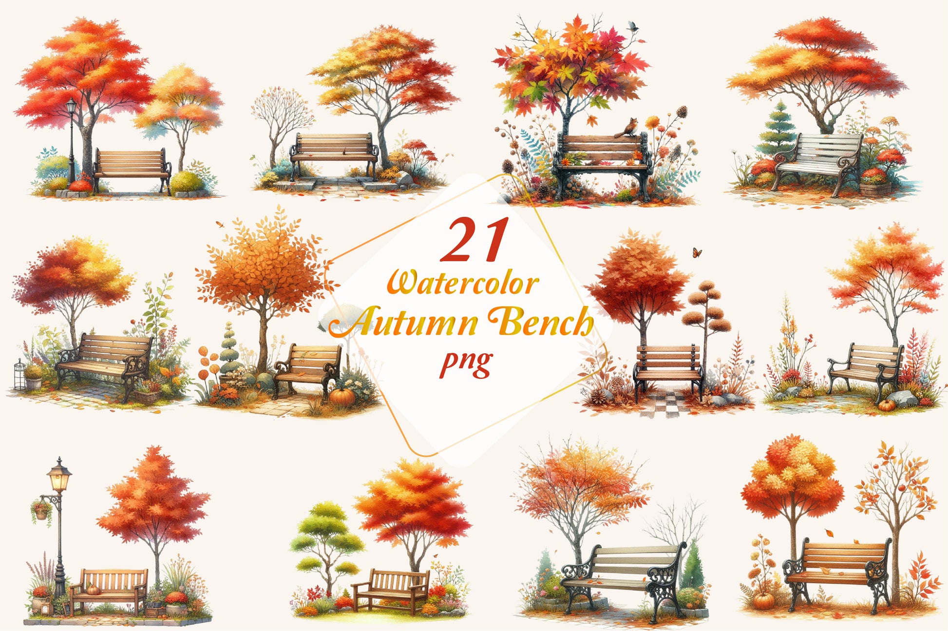 21 Watercolor Autumn Bench PNG Fall Park Bench Clipart