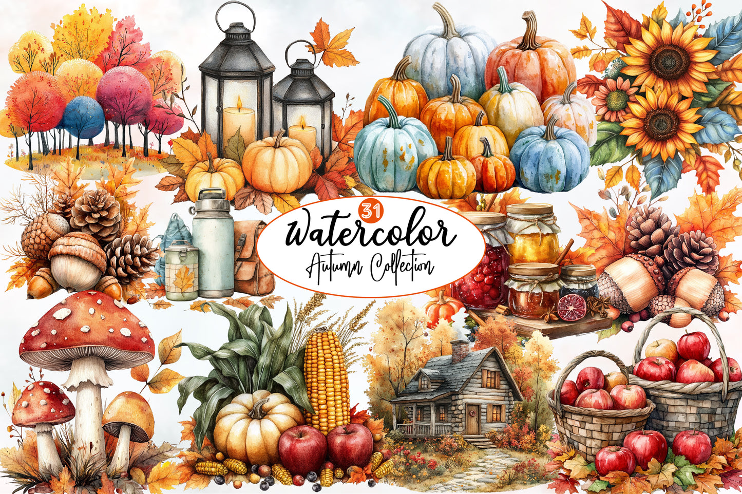 Watercolor Autumn Collection Clipart Bundle Fall Harvest PNG