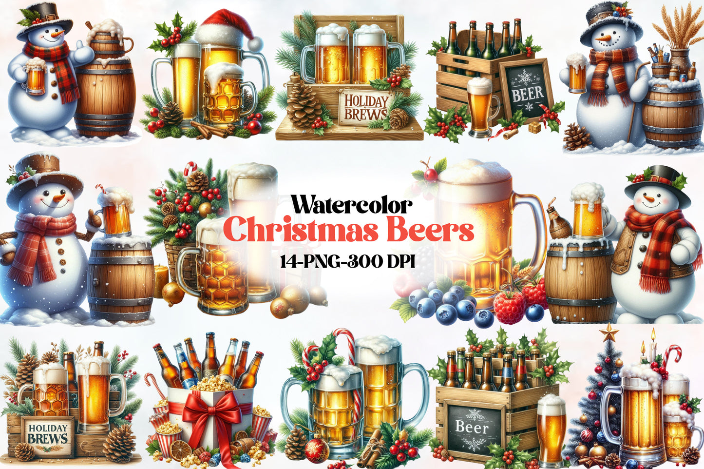 Christmas Beer PNG Clipart Bundle | Watercolor Holiday Beer Mugs, Snowman Beer, Beer Bottles & Festive Christmas Brew Designs