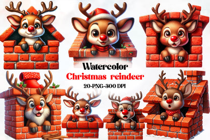 Watercolor Christmas Reindeer Clipart PNG Bundle | Cute Reindeer & Santa Holiday Designs