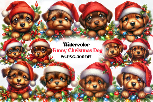 Funny Christmas Dog PNG Bundle Watercolor Cute Puppy Holiday Clipart