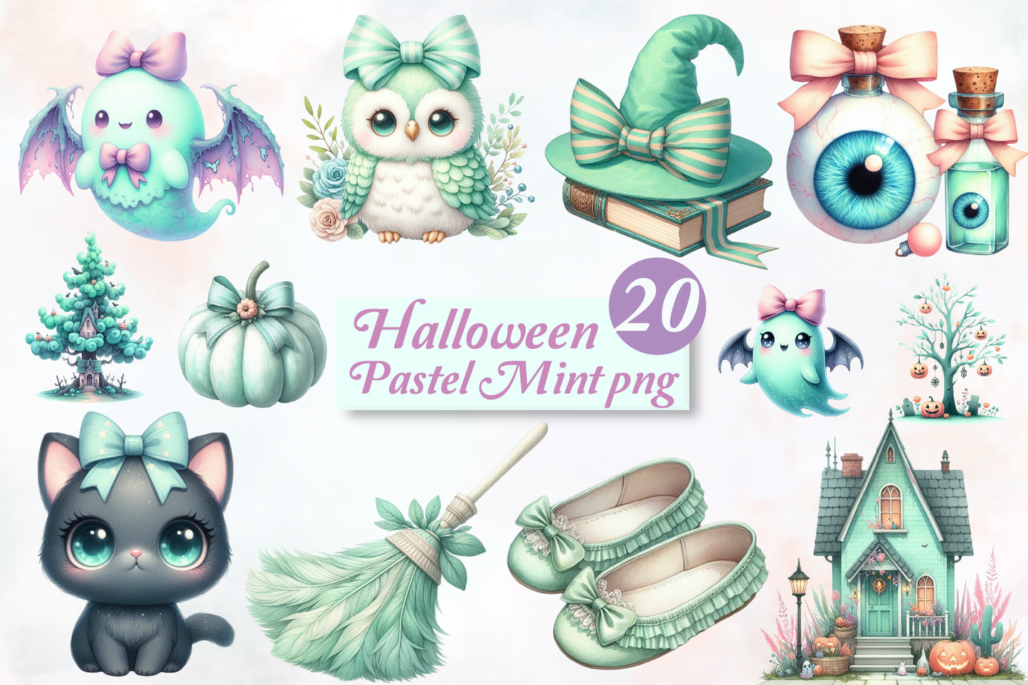Halloween Pastel Mint PNG Bundle 20 Cute Watercolor Clipart