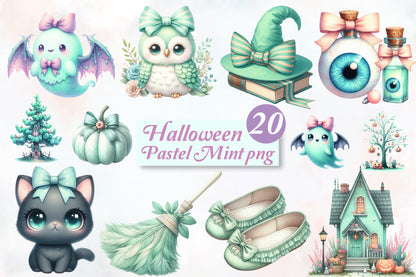 Halloween Pastel Mint PNG Bundle 20 Cute Watercolor Clipart