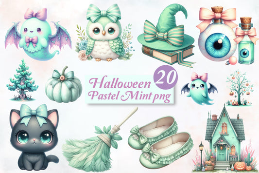 Halloween Pastel Mint PNG Bundle 20 Cute Watercolor Clipart