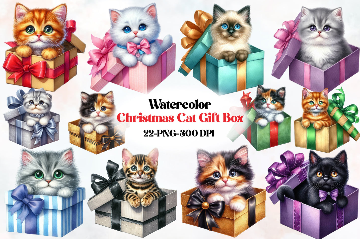 Watercolor Christmas Cat Gift Box PNG Bundle | Cute Christmas Kitten Clipart | Holiday Cat Sublimation