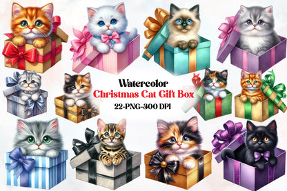 Watercolor Christmas Cat Gift Box PNG Bundle | Cute Christmas Kitten Clipart | Holiday Cat Sublimation
