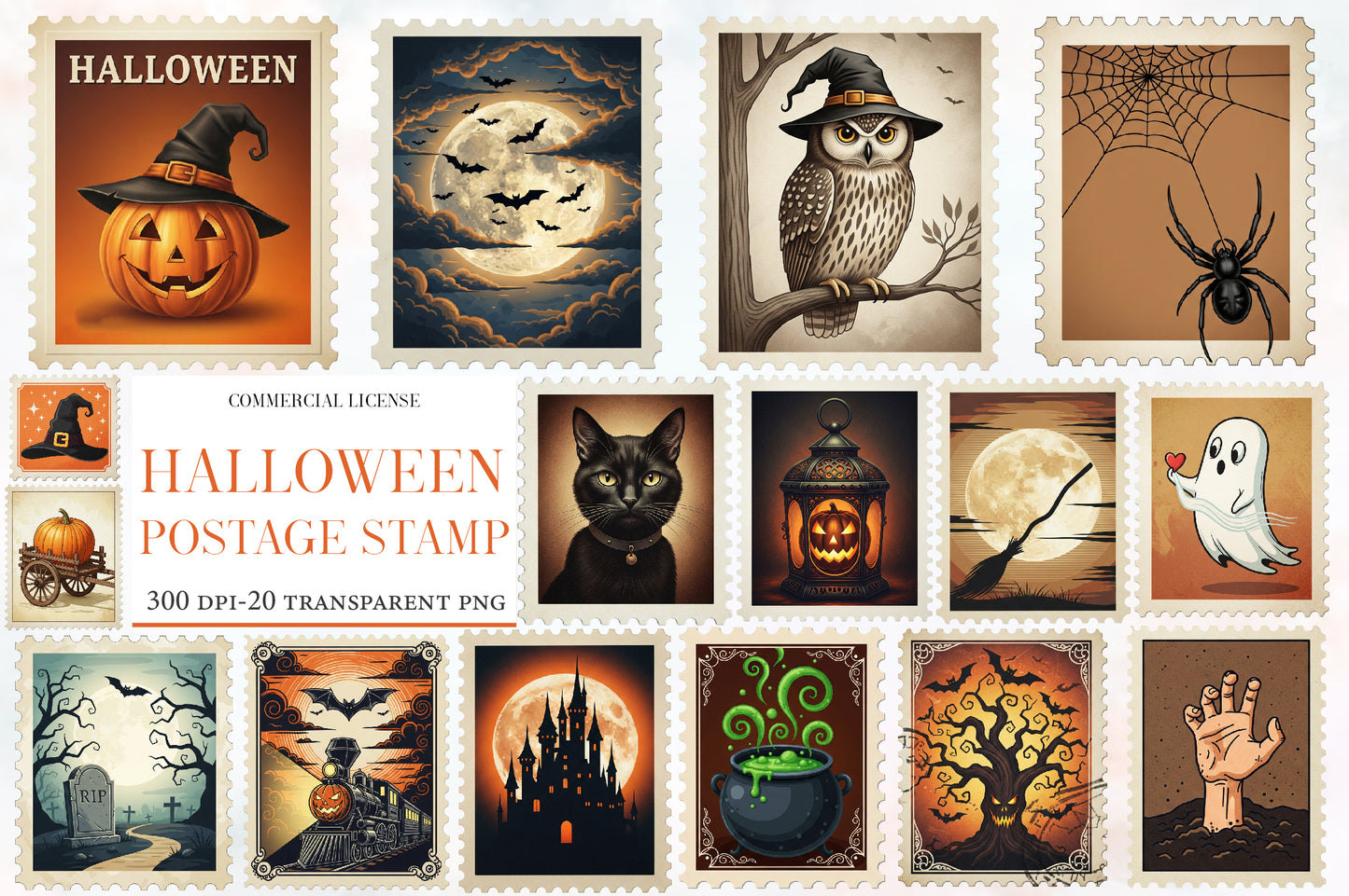 Halloween Postage Stamp Clipart PNG | Vintage Halloween Stamp Collection, Spooky Postage Ephemera,