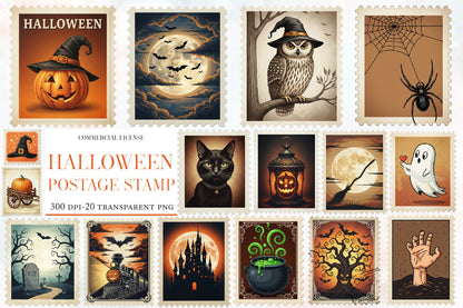 Halloween Postage Stamp Clipart PNG | Vintage Halloween Stamp Collection, Spooky Postage Ephemera,