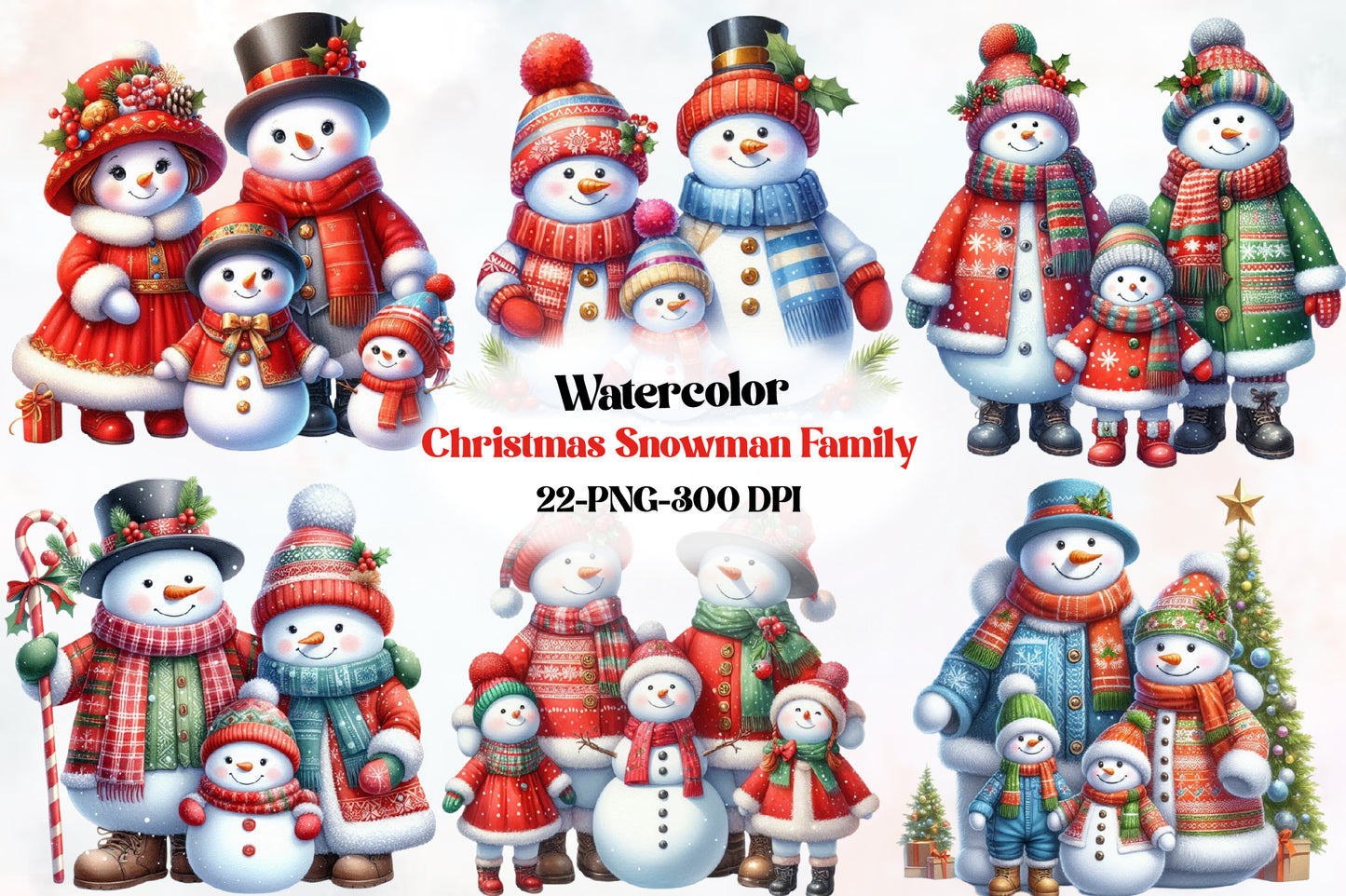 Watercolor Christmas Snowman Family Clipart PNG Bundle | Cute Snowman Winter Holiday Designs