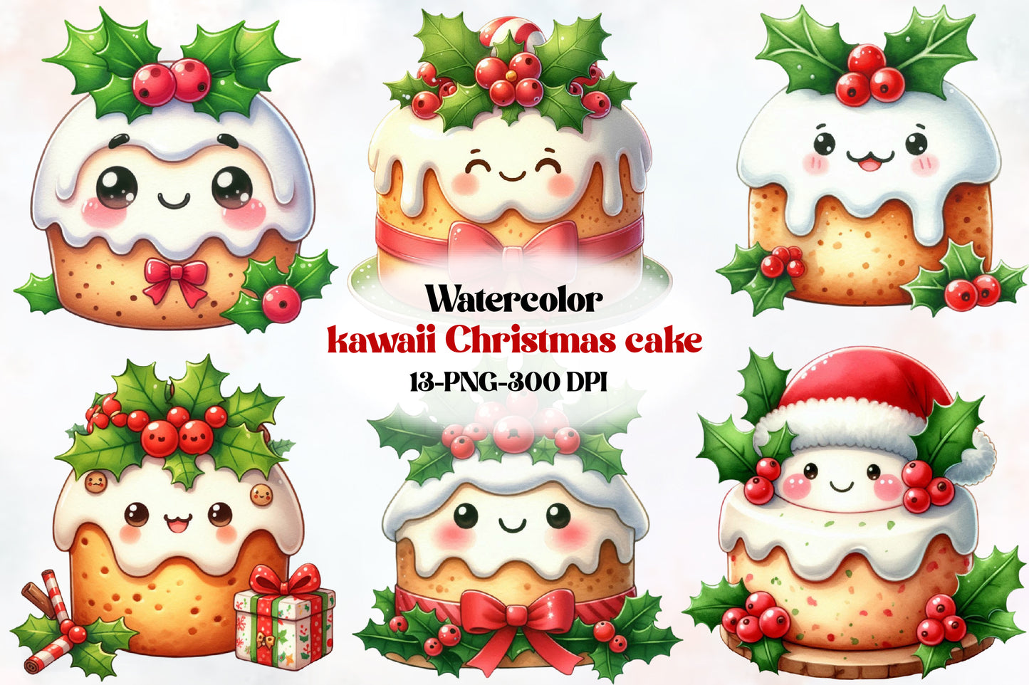 Kawaii Christmas Cake Clipart PNG Bundle | Cute Christmas Pudding, Holiday Cake & Kawaii Dessert Designs
