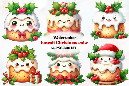 Kawaii Christmas Cake Clipart PNG Bundle | Cute Christmas Pudding, Holiday Cake & Kawaii Dessert Designs