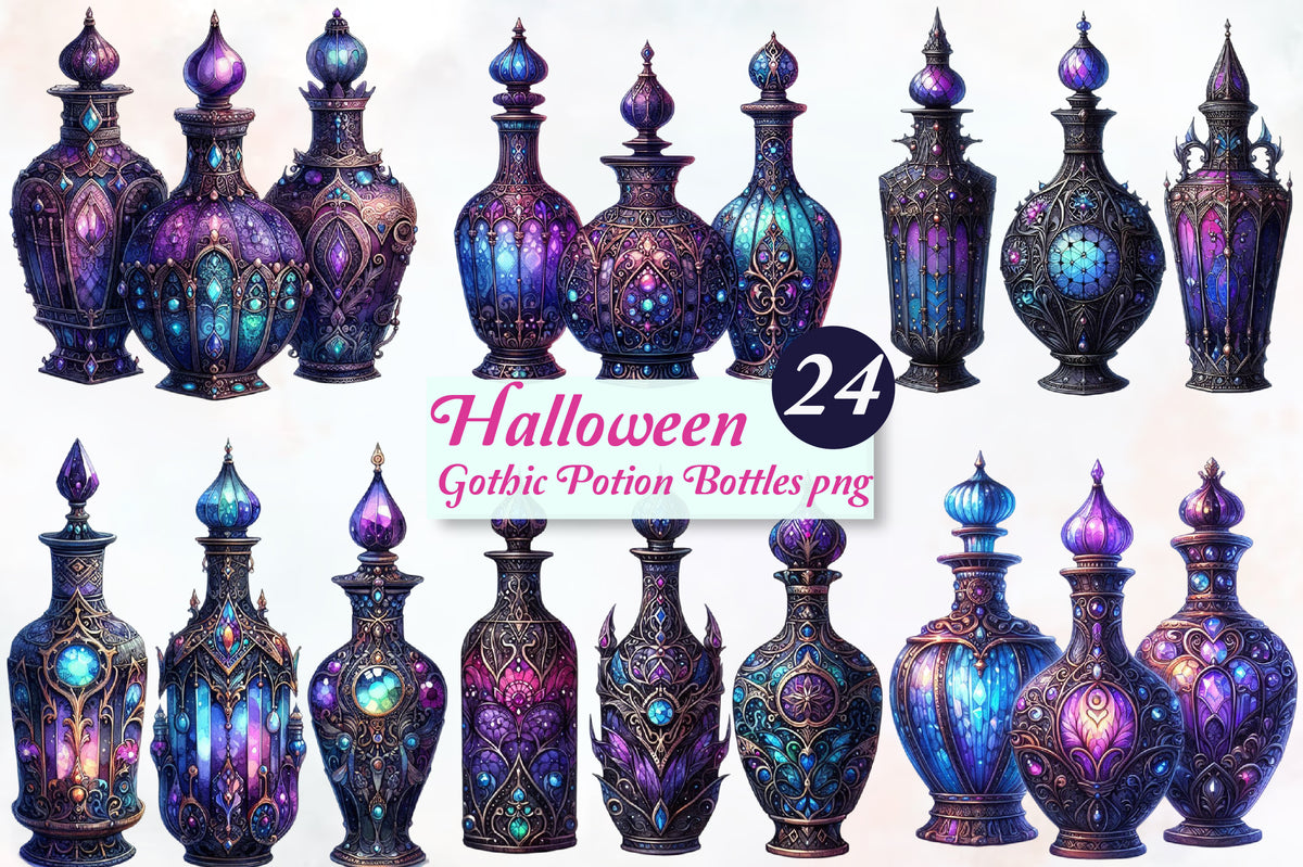 Halloween Gothic Potion Bottles PNG Bundle 24 Mystical Witchy Bottles