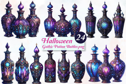 Halloween Gothic Potion Bottles PNG Bundle 24 Mystical Witchy Bottles