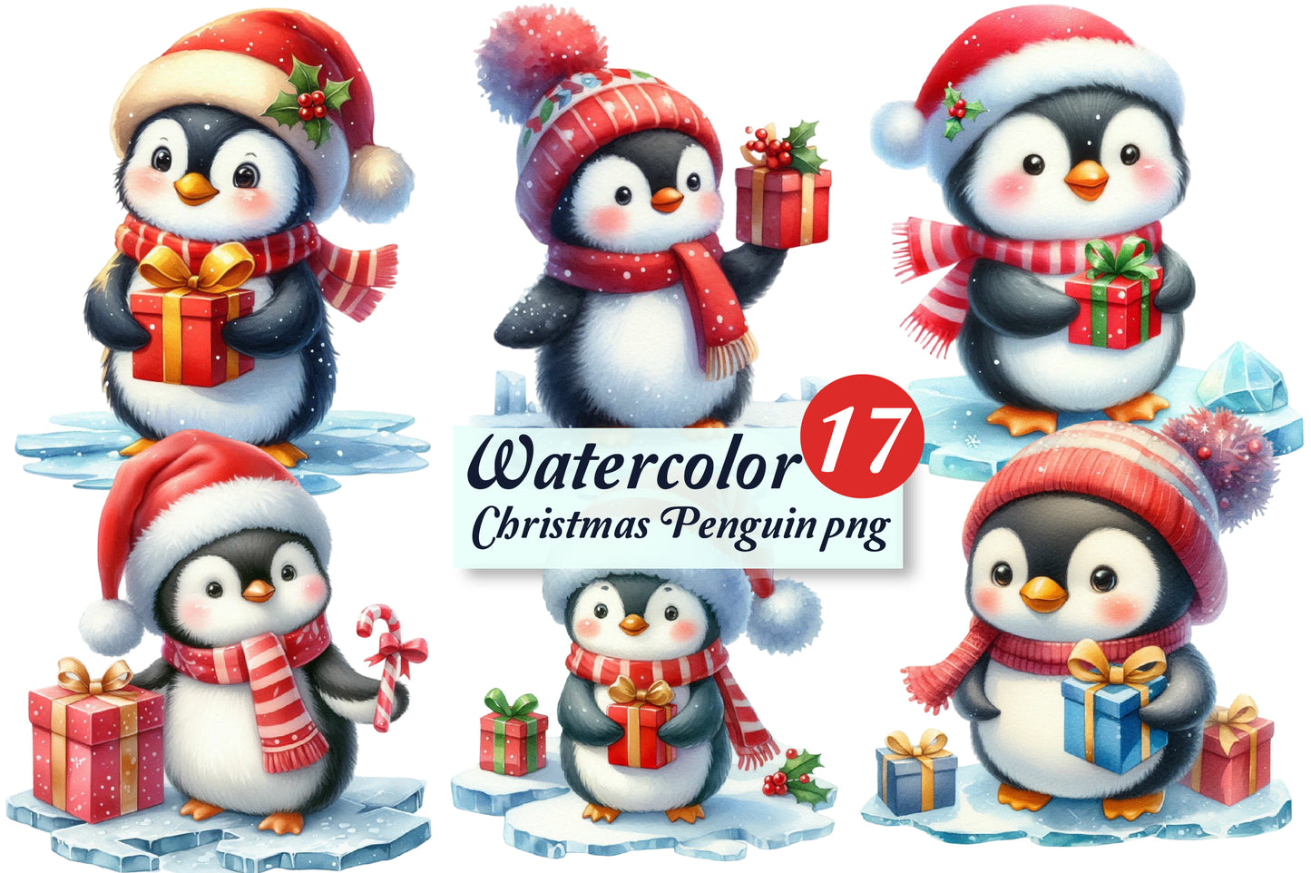 Christmas Penguin PNG Bundle | Watercolor Christmas Penguin, Cute Winter Penguin & Holiday Penguin Clipart