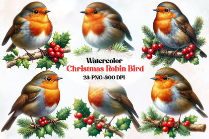 23 Christmas Robin Bird PNG Sublimation Bundle Watercolor Holiday Bird Clipart